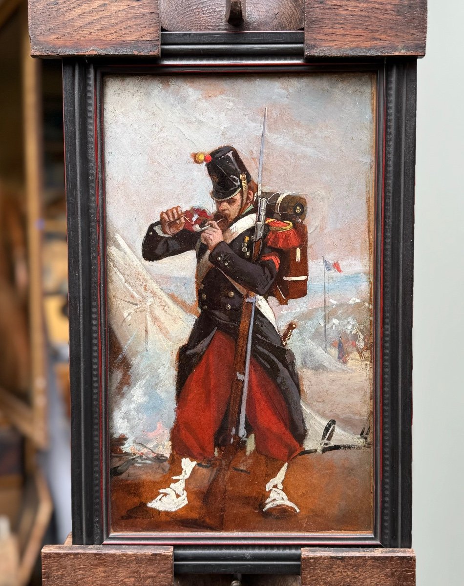 École Française XIXe Soldat Fumant Sa Pipe Huile Sur Papier Tableau Ancien -photo-2