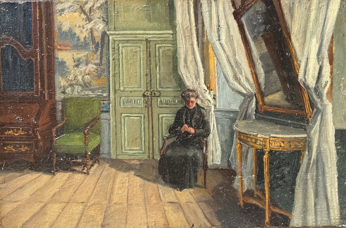 École Française Vers 1900 Scène D’intérieur Huile Sur Toile  