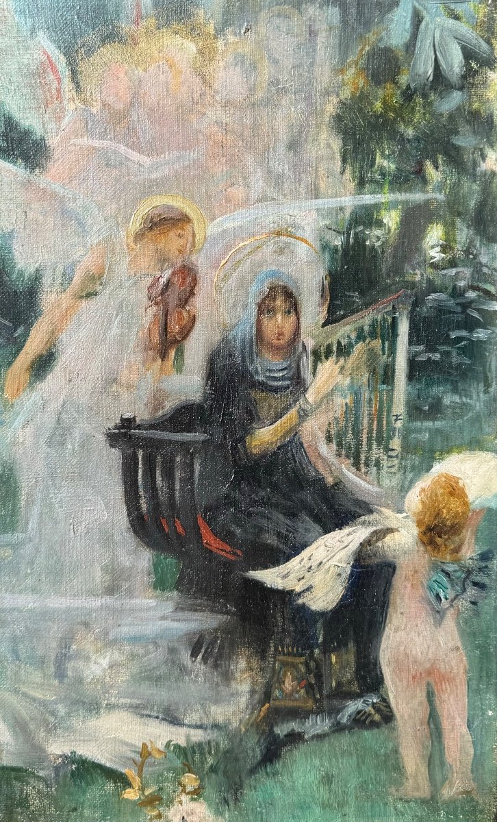 Symbolist School Late 19th Century Harp Music Violin Oil On Canvas 