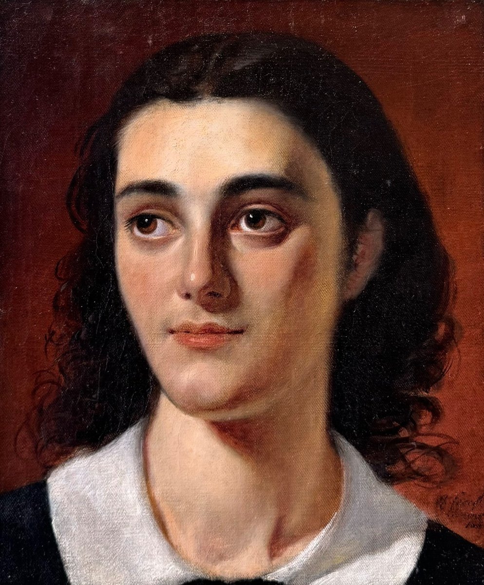 Italian School 1858 Portrait Of Young Italian Woman Oil On Canvas Old Painting 