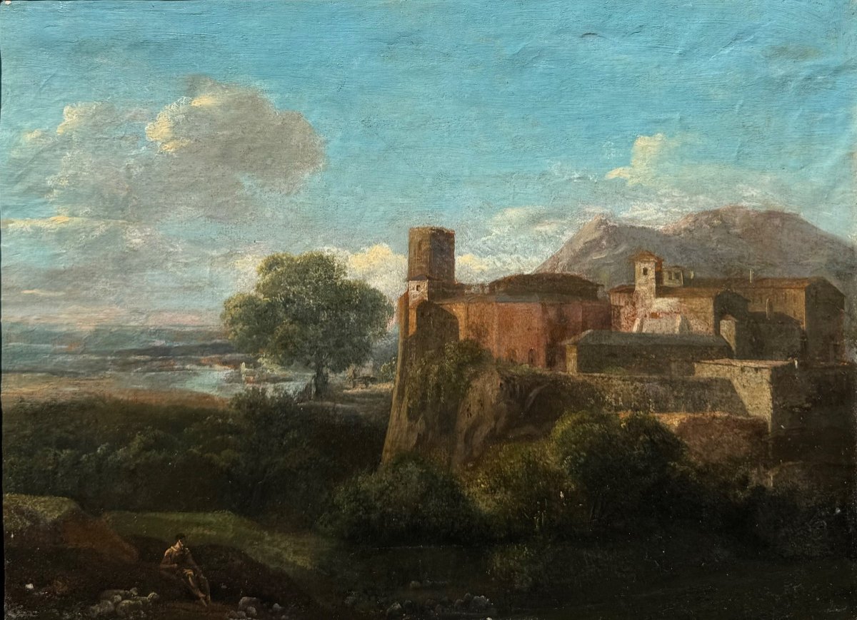 École Italienne XVIII Paysage Huile Sur Papier Tableau Ancien -photo-2