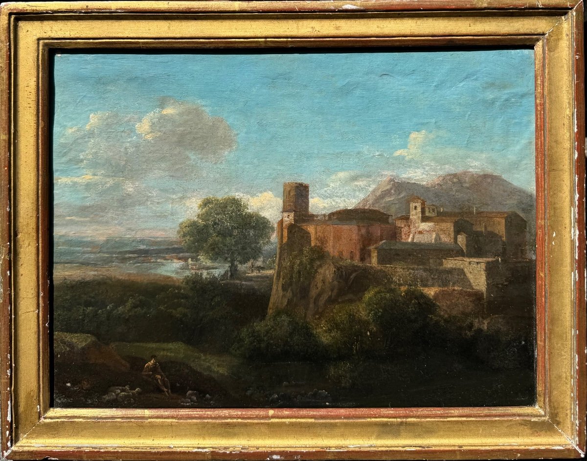 École Italienne XVIII Paysage Huile Sur Papier Tableau Ancien 