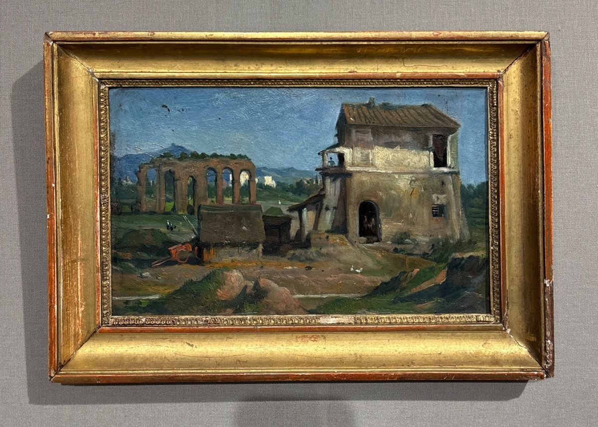 19th Century School View Of Italy Oil On Paper Landscape Old Painting -photo-2