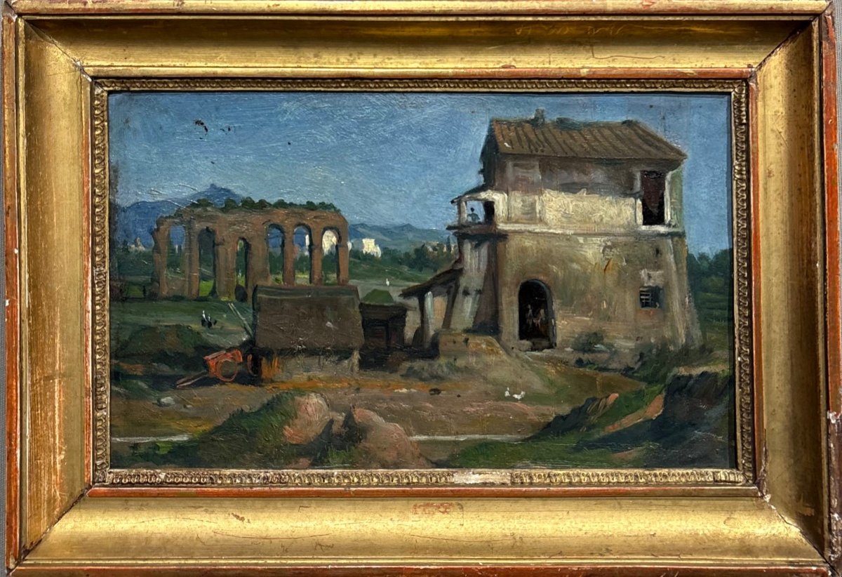 19th Century School View Of Italy Oil On Paper Landscape Old Painting 