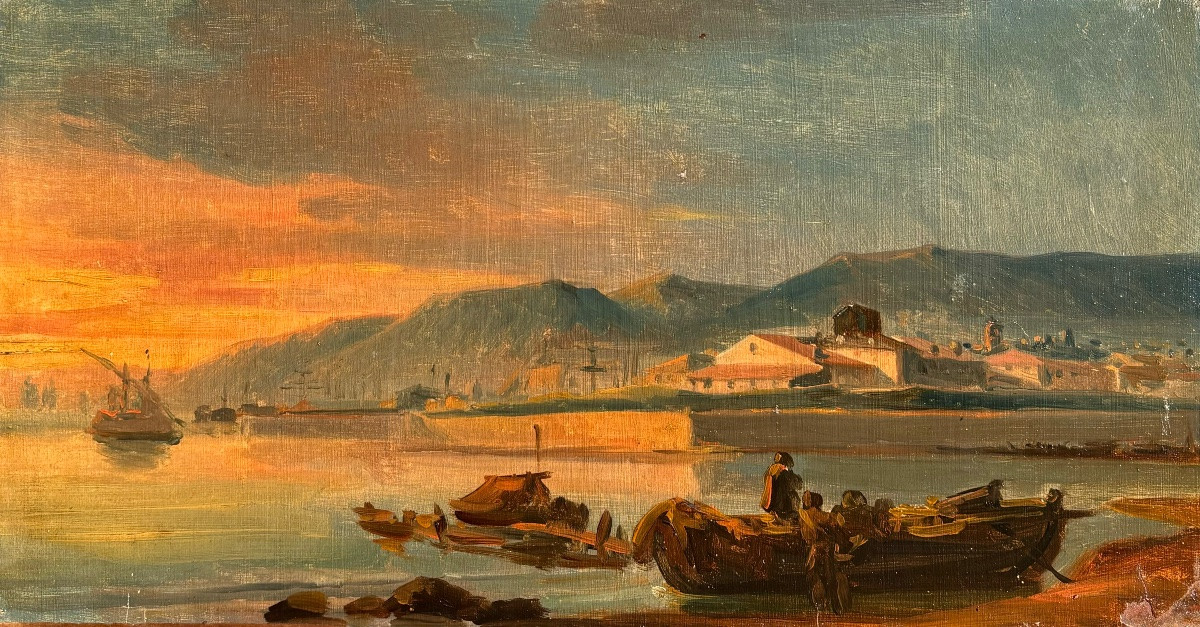 École Italienne XIX Vue De Port En Italie Huile Sur Papier Tableau Ancien -photo-2