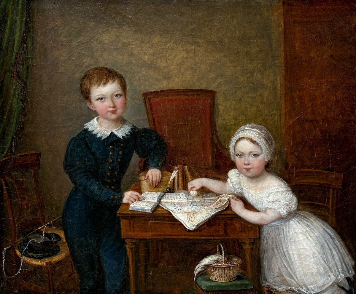École française vers 1810  Empire Enfants étudiant la Géographie tableau ancien 