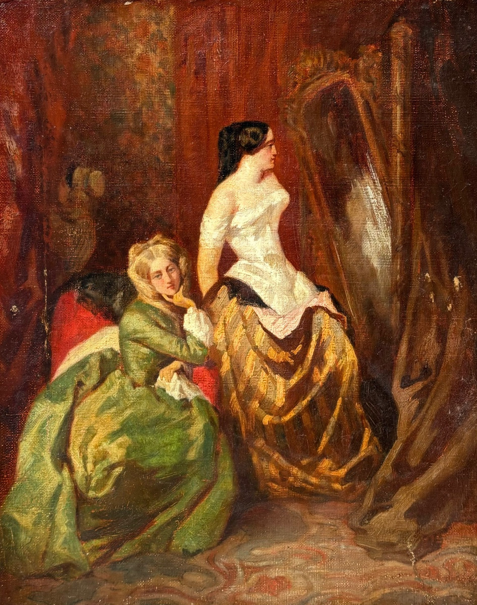 École romantique vers 1840 scène d’intérieur l’essayage tableau ancien 