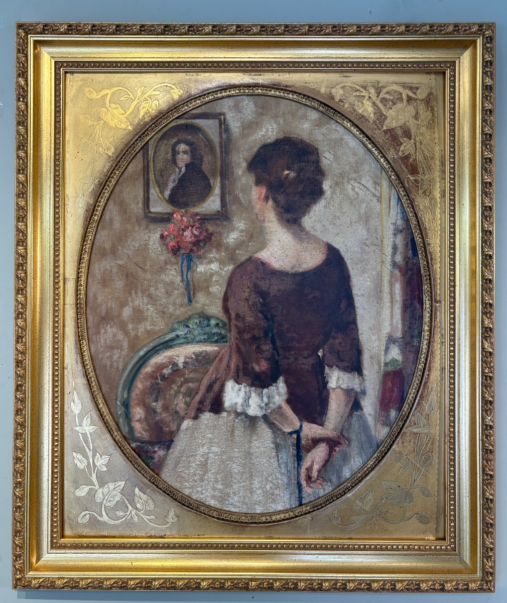 École française fin XIXe siècle scène d’intérieur femme de dos tableau ancien-photo-2