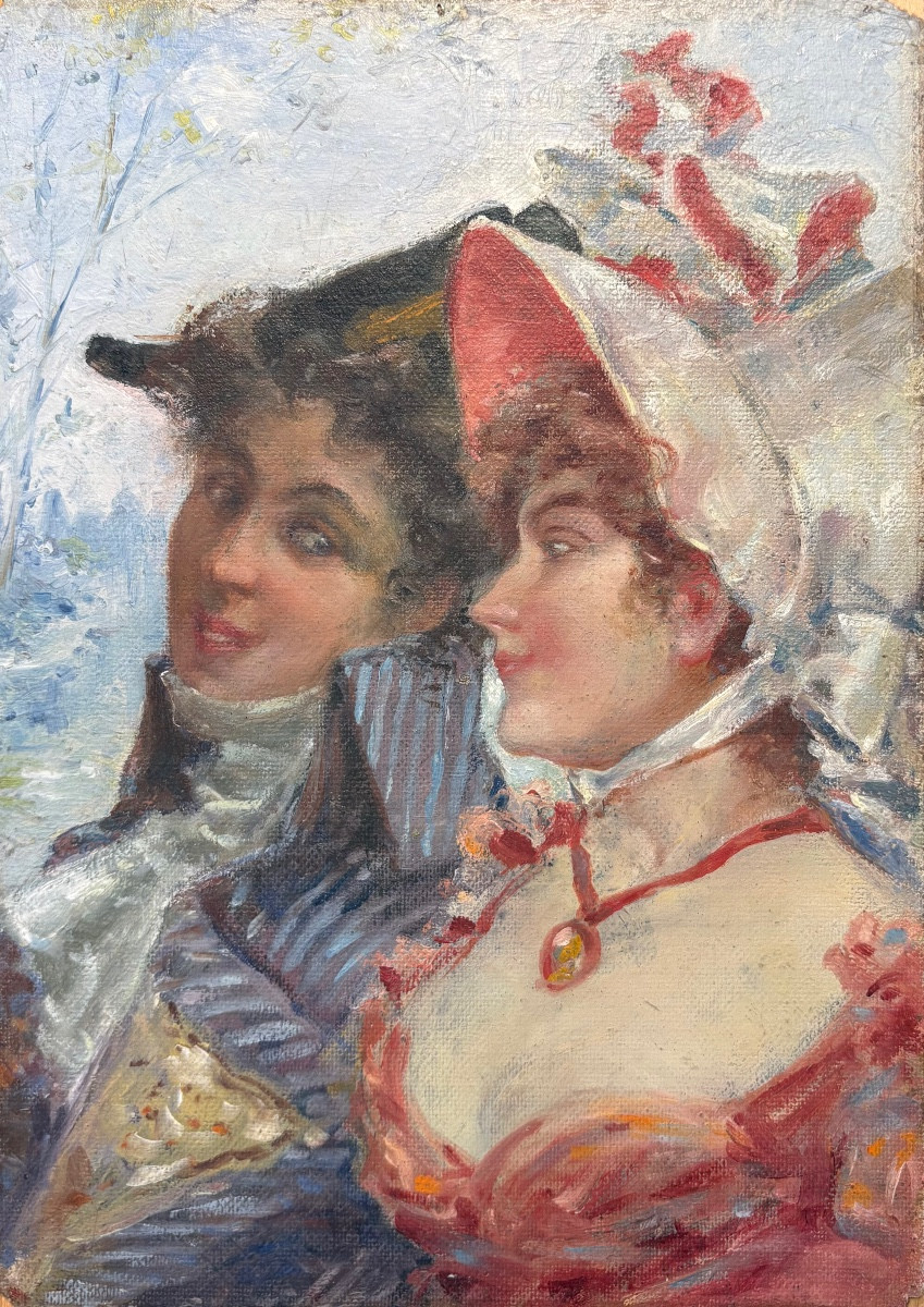 École française vers 1890 deux élégantes dans la rue tableau ancien -photo-2