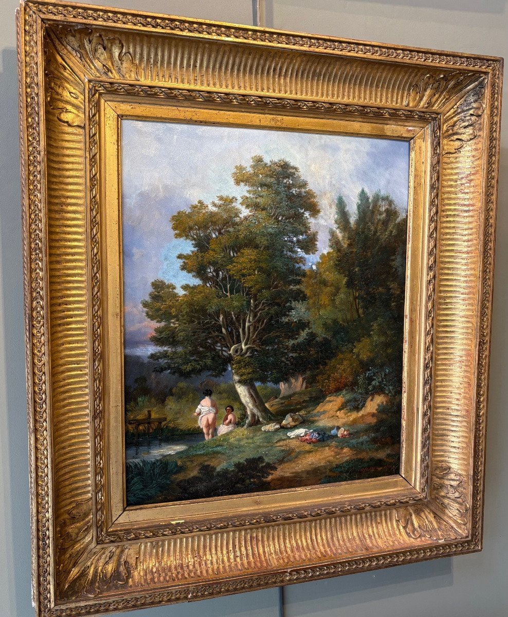 Les baigneuses, 1851 Huile sur toile tableau ancien signé Mortier-photo-4