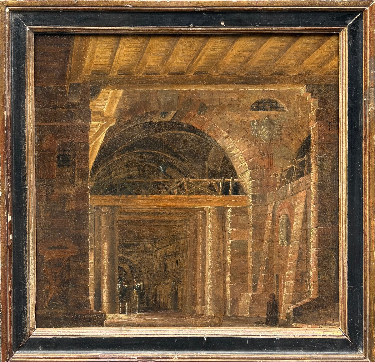 École française vers 1750 intrigante scène d’intérieur aux soldats tableau ancien