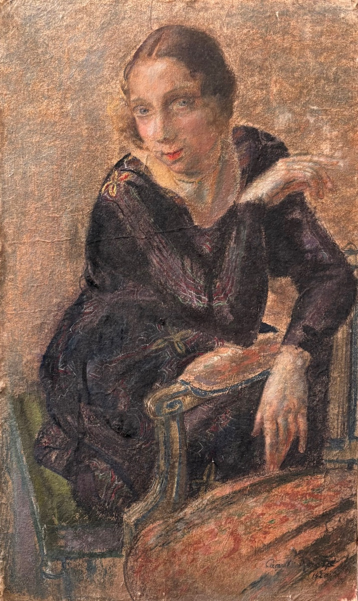 Camille Roche (1894-1948) Portrait d’élégante à la cigarette 1920 grand pastel 