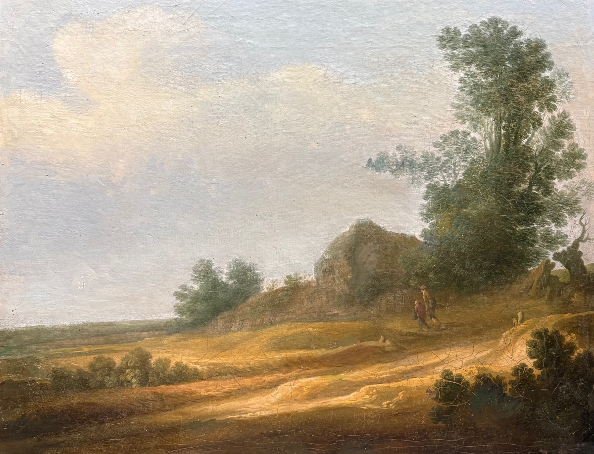 Ecole du XVIIIe siècle paysage animé huile sur toile tableau ancien