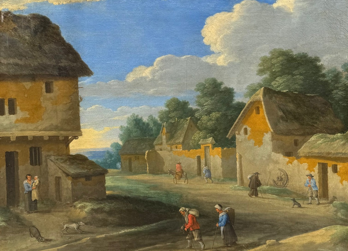 Flemish School 17th Century Dated 1644 Signature Village Scene Old Painting-photo-2