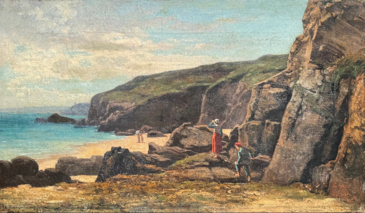 Eugene Fines (1826-1884) Belle-ile-mer Bord De Mer Bretagne Oil On Canvas