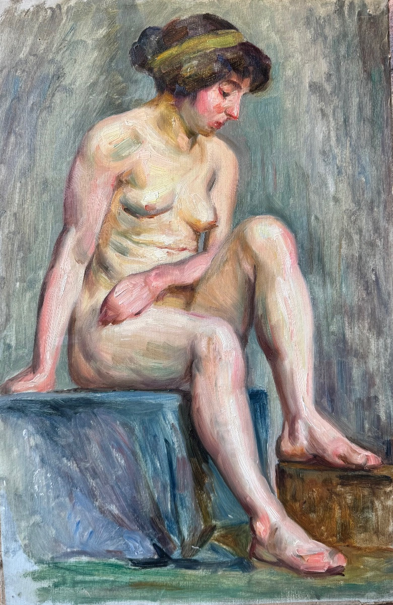 Nu vers 1900 huile sur papier -photo-3