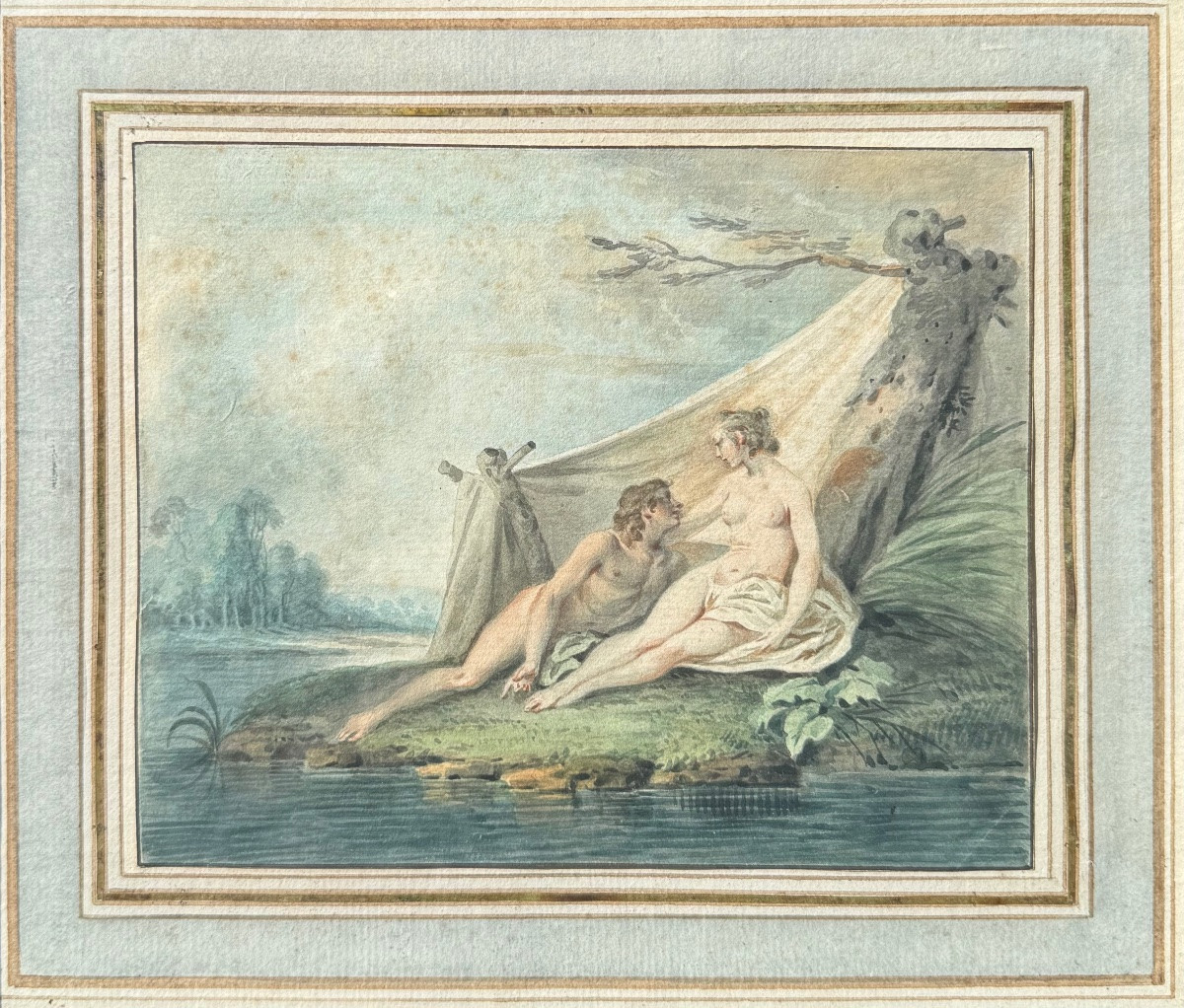 École française XVIII Scène amoureuse dessin ancien érotique -photo-2