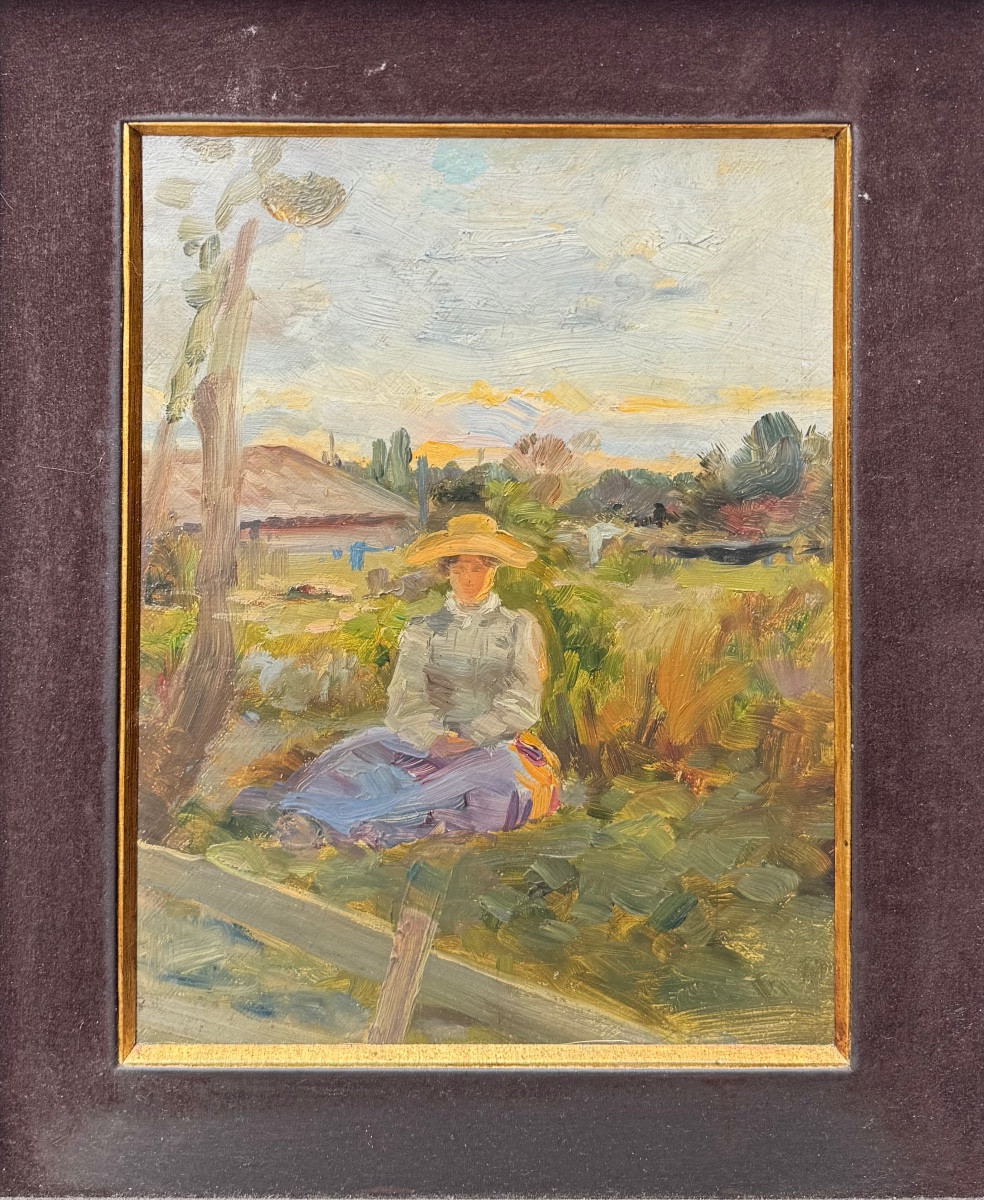Impressionist School Late 19th Century Woman Seated In A Field-photo-2