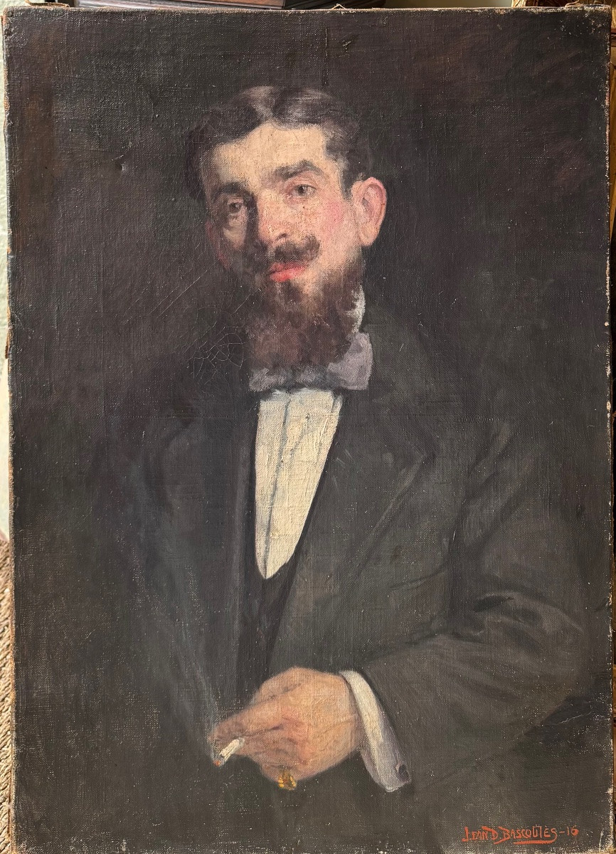 Portrait d’homme à la cigarette Huile sur toile signé Bascoules 1916-photo-2