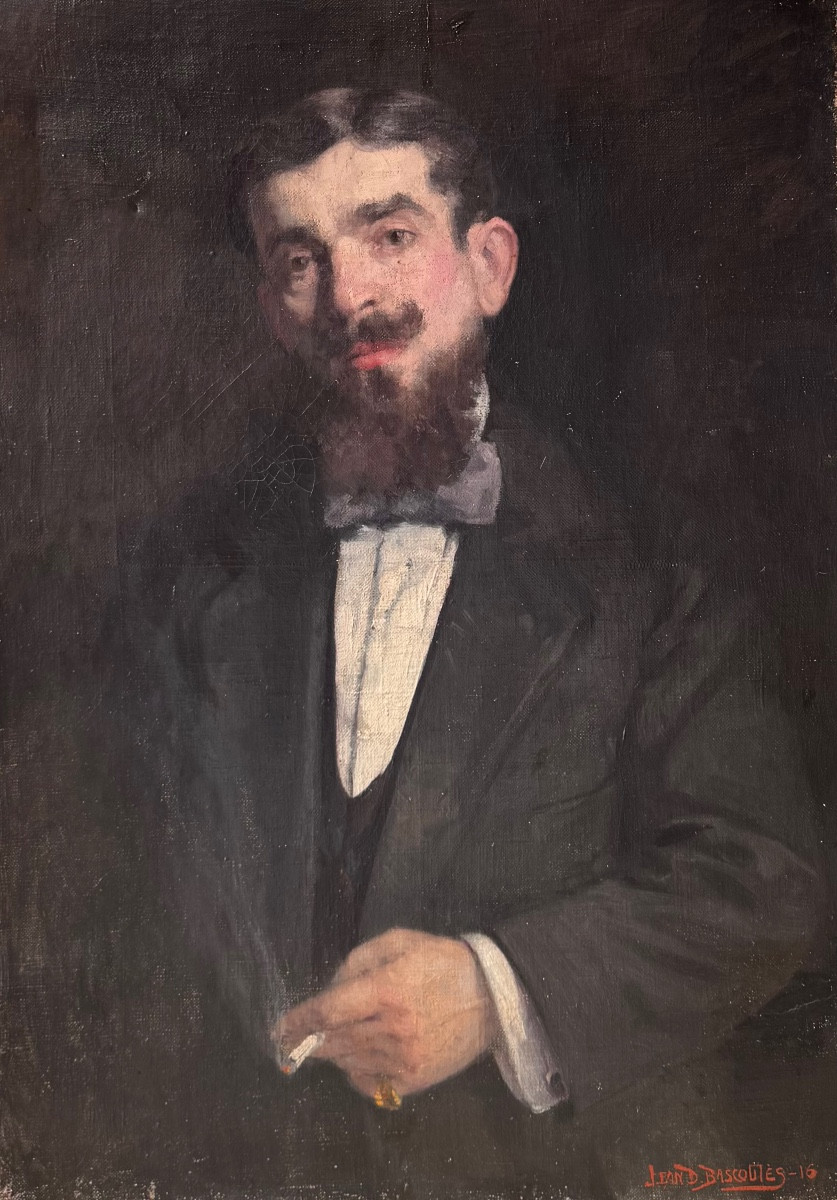 Portrait d’homme à la cigarette Huile sur toile signé Bascoules 1916