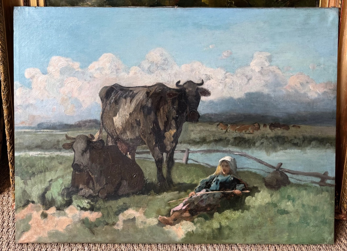 École impressionniste fin XIXe paysanne allongée huile sur toile tableau ancien -photo-2