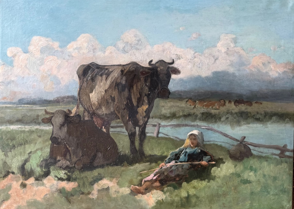 École impressionniste fin XIXe paysanne allongée huile sur toile tableau ancien 