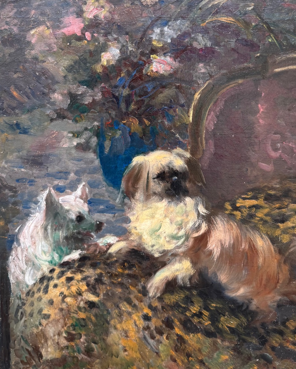 Portrait de chiens École XIXe siècle Huile sur toile tableau ancien -photo-2