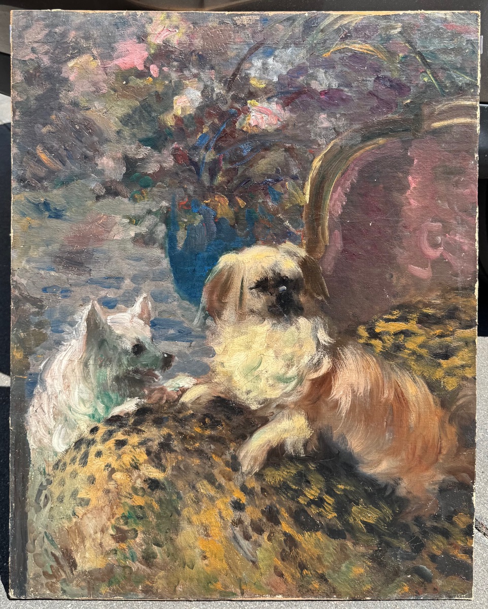 Portrait de chiens École XIXe siècle Huile sur toile tableau ancien -photo-3