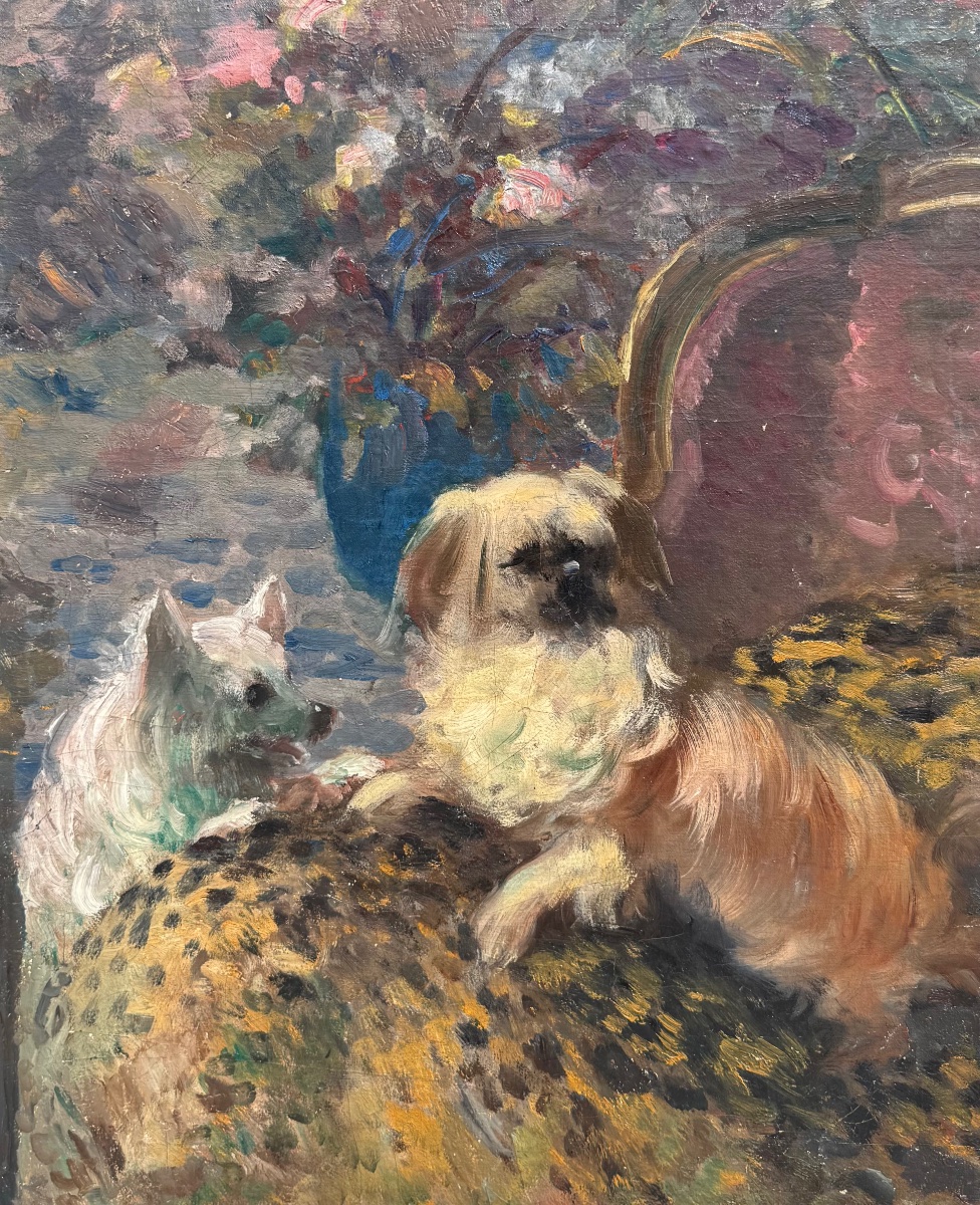 Portrait de chiens École XIXe siècle Huile sur toile tableau ancien 