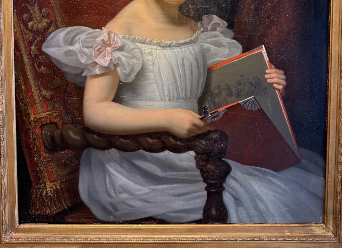 Portrait Of A Young Girl With A Drawing Pad—antique Painting-photo-3