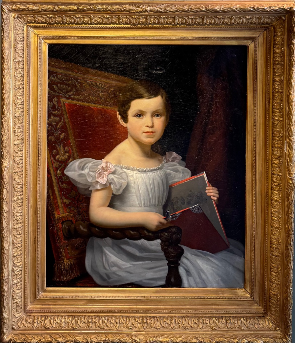 Portrait Of A Young Girl With A Drawing Pad—antique Painting