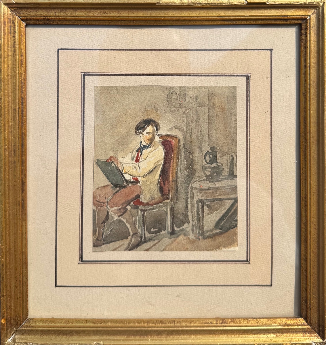 19th-century School; Artist In The Act Of Drawing; Antique Drawing -photo-2