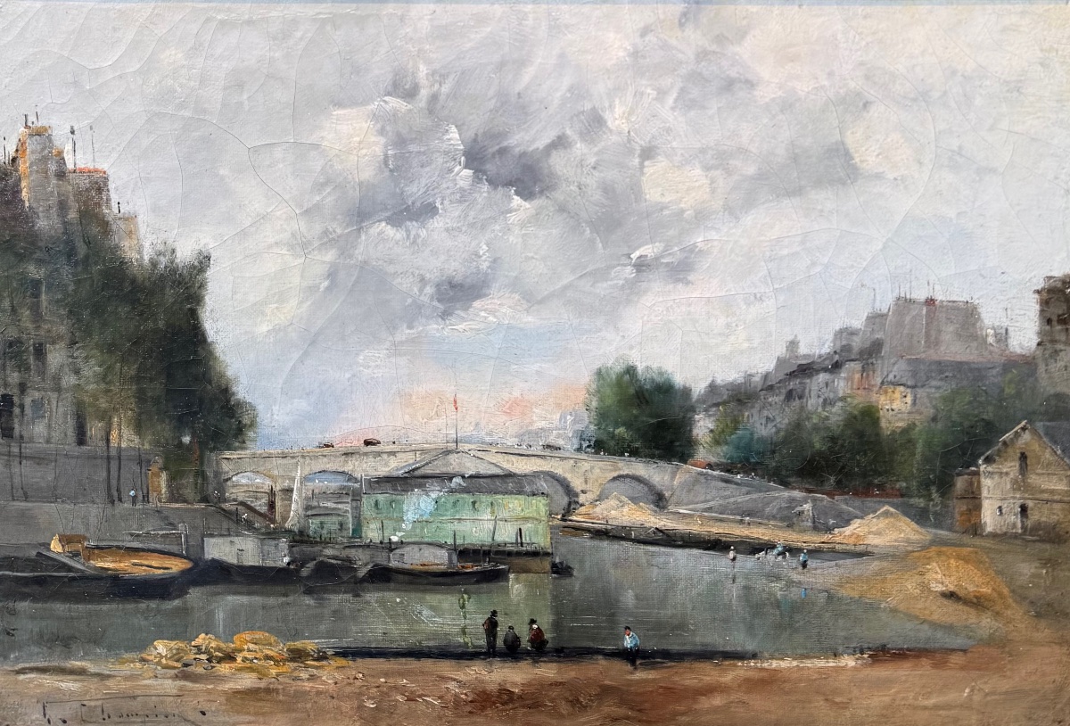 École française XIX Vue de Paris Pont Marie signature à déchiffrer -photo-4
