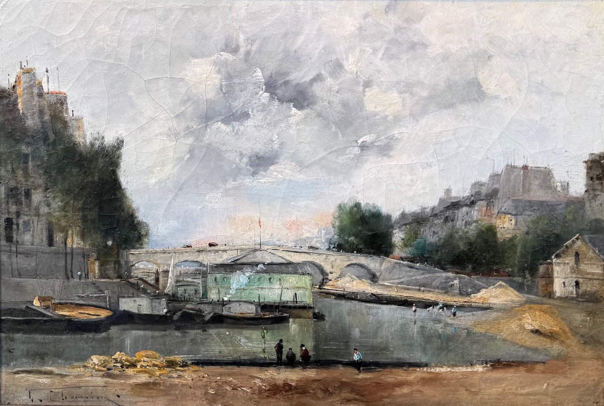 École française XIX Vue de Paris Pont Marie signature à déchiffrer 