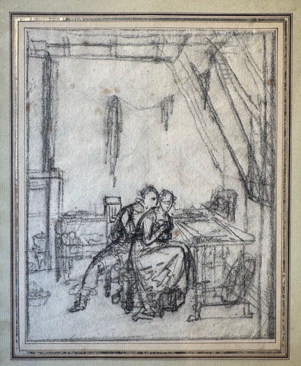 École française XVIIIe Mallet scène de couple dessin ancien -photo-2