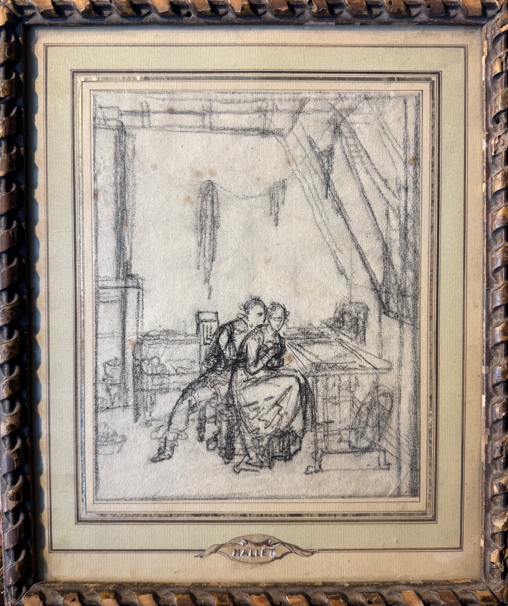 École française XVIIIe Mallet scène de couple dessin ancien 
