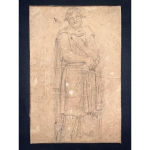 Ecole Italienne XVIII Homme à La Toge Pierre Noire, Dessin Ancien