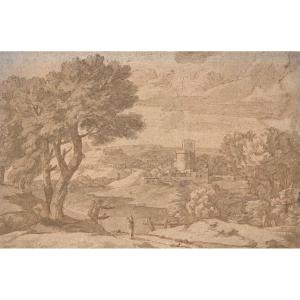 Suiveur de Nicolas Poussin, Paysage d'Italie XVII Dessin Ancien 