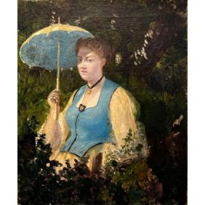 école Impressionniste XIX Femme à L’ombrelle Huile Tableau Ancien 