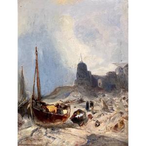 Eugène Deshayes (1828-1890) Fishing Boats Oil On Panel Old Painting