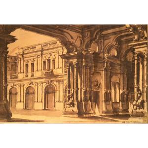 Ecole Des Bibiena Vue D’architecture Encre Sur Papier Dessin Ancien Italie 1742