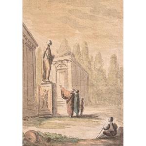 Jean-francois Janinet (1752-1814) Scene De Ruines à L’antique Dessin Ancien Aquarelle