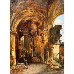 École Française Vers 1820 Granet ? Intérieur D’église En Ruine Huile Sur Toile Tableau Ancien