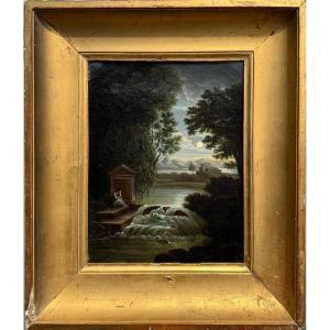 Pre-romantic School Around 1790 Moonlight Melancholy Oil On Canvas Old Painting 