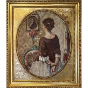École française fin XIXe siècle scène d’intérieur femme de dos tableau ancien
