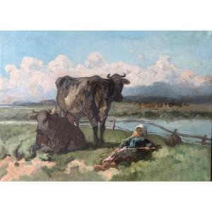École impressionniste fin XIXe paysanne allongée huile sur toile tableau ancien 