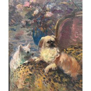 Portrait de chiens École XIXe siècle Huile sur toile tableau ancien