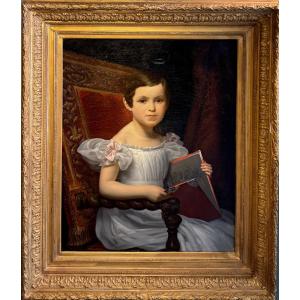 Portrait de jeune fille au carton à dessins tableau ancien