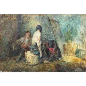 19th-century French School: Artist And His Model In The Studio, Oil On Canvas