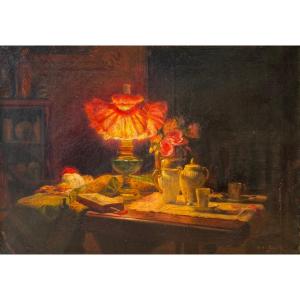 Victor Lecomte (1856–1920) *the Pink Lampshade*, 1900 Oil On Canvas, Antique Painting